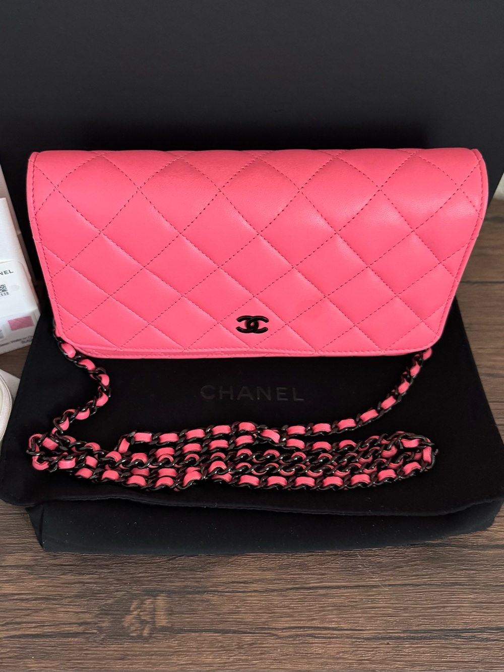 CHANEL 2024 Hot Pink Lambskin Leather Wallet on Chain with Black Hardware - Picture 3 of 10
